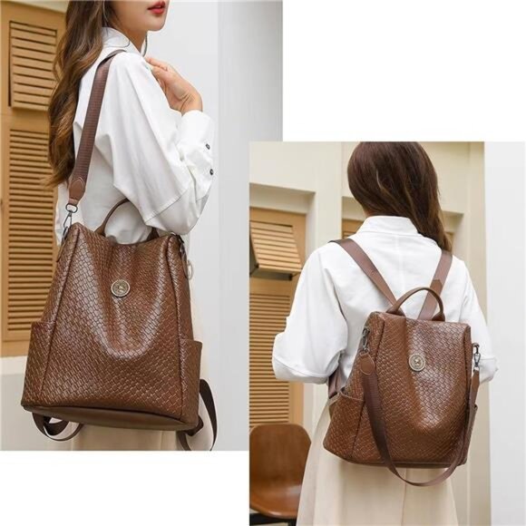 Woven Leather Backpack Purse for Women Waterproof Anti-theft Multipurpose
